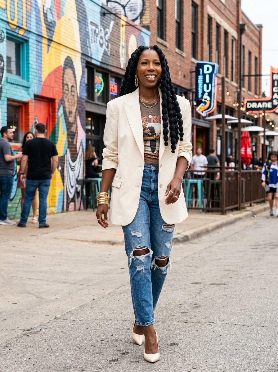 Danielle Lindsey walking confidently through the city