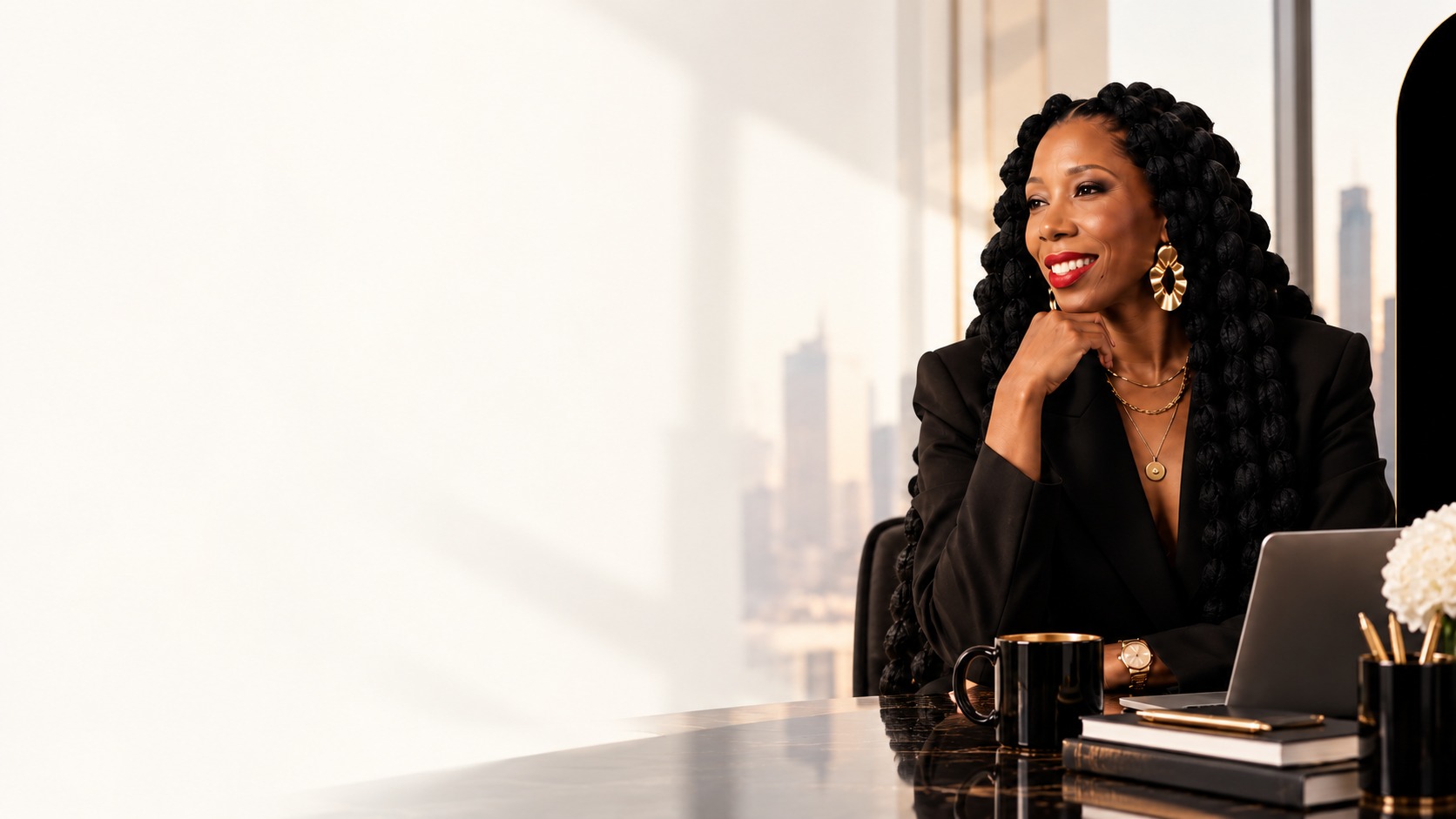 Danielle Lindsey seated at her desk overlooking the city