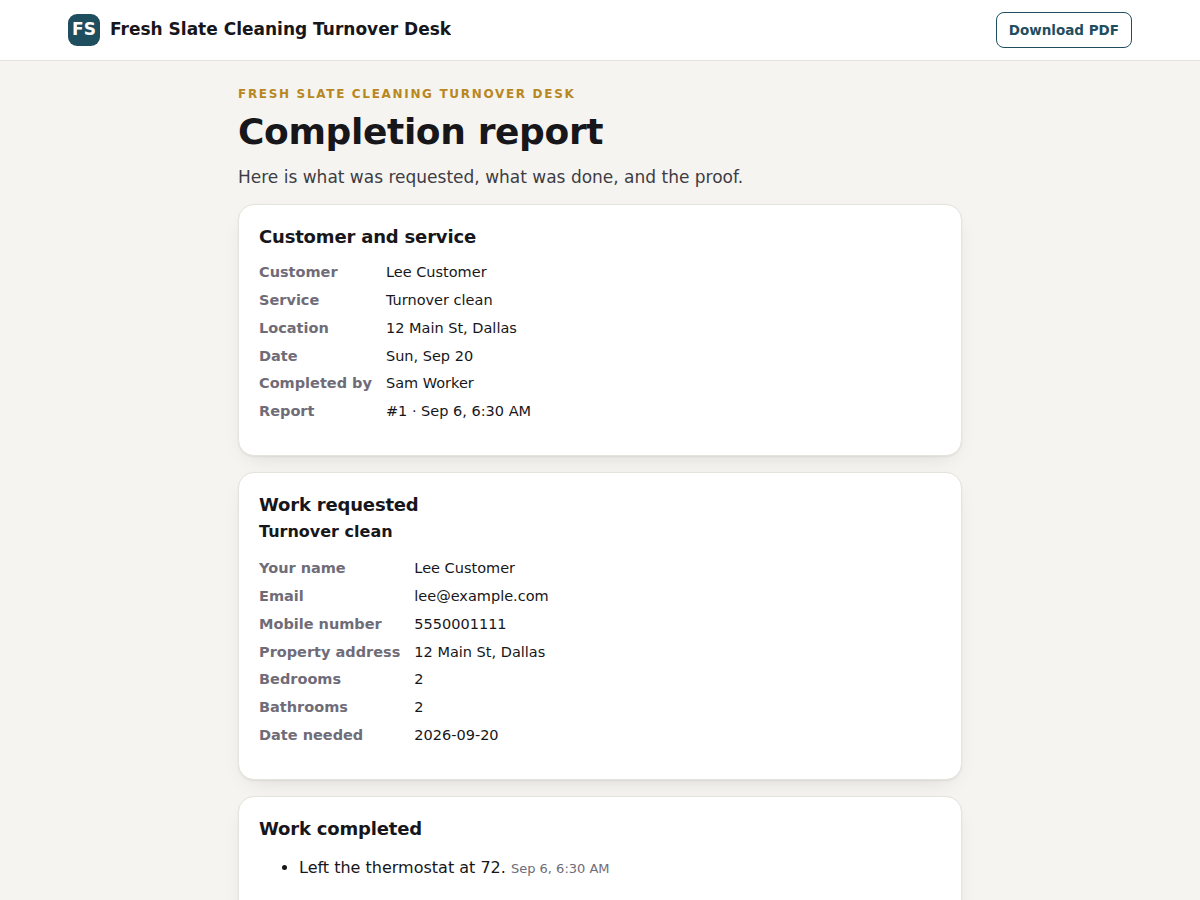 A Handled completion report sent to the customer.