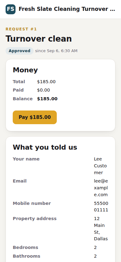 The customer's status page on a phone: where the job is, the balance and a Pay button.