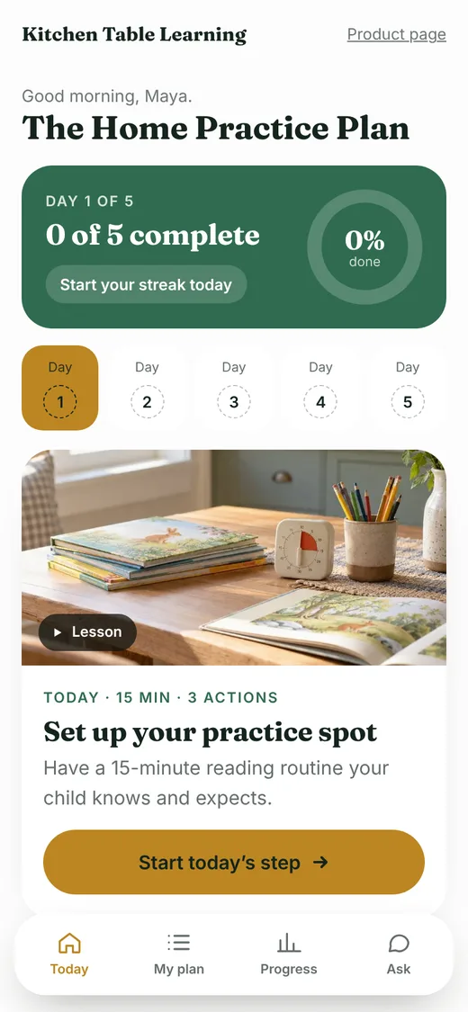 A buyer's plan on a phone: Today, with their day and streak.