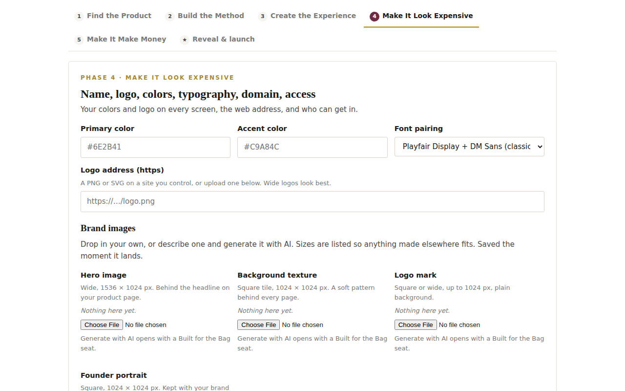 The Vault Builder studio, phase 4: name, logo, colors, typography, domain and access.