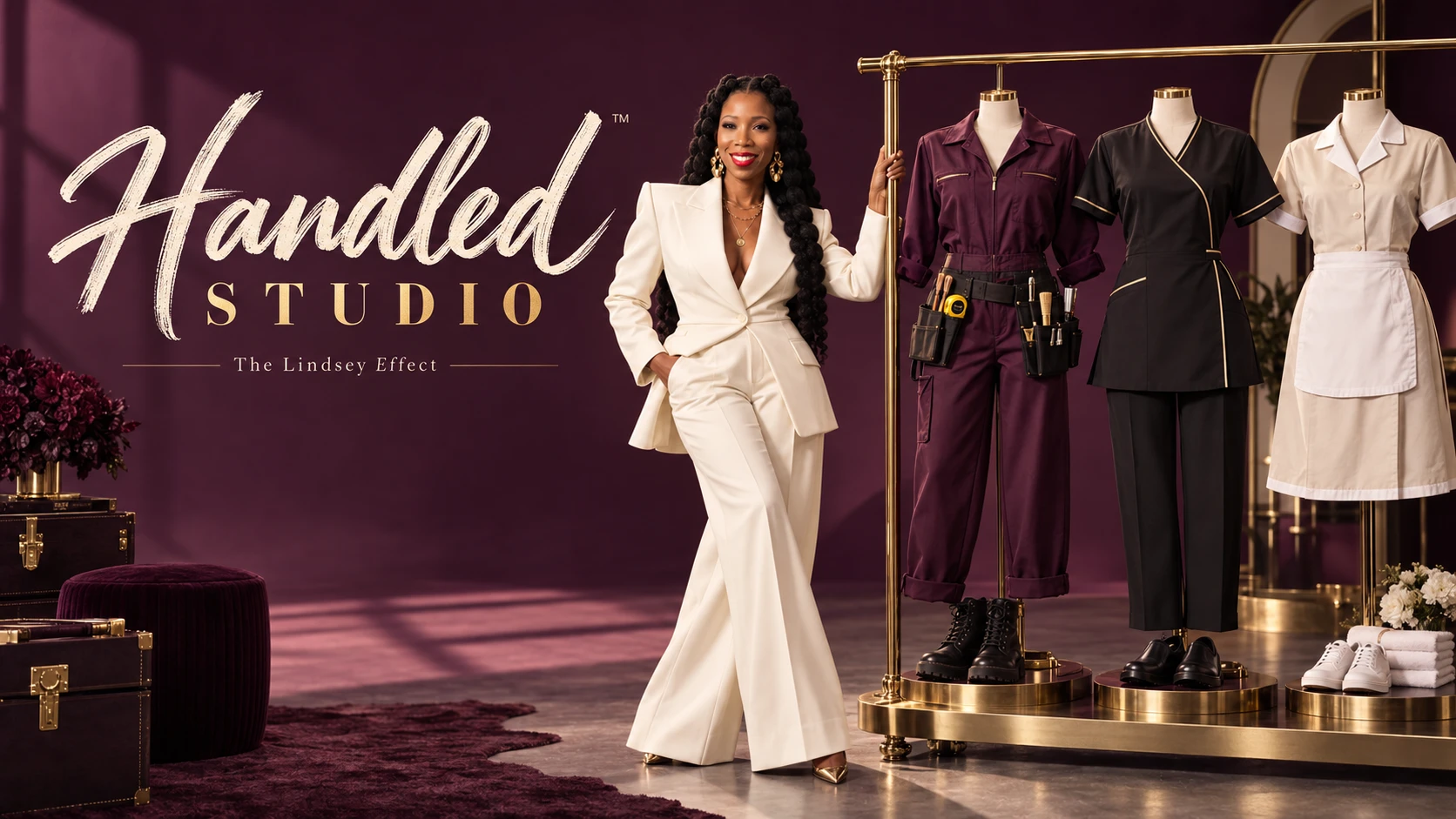 Handled Studio campaign portrait: Danielle in a cream suit beside a brass rail of industry uniforms.